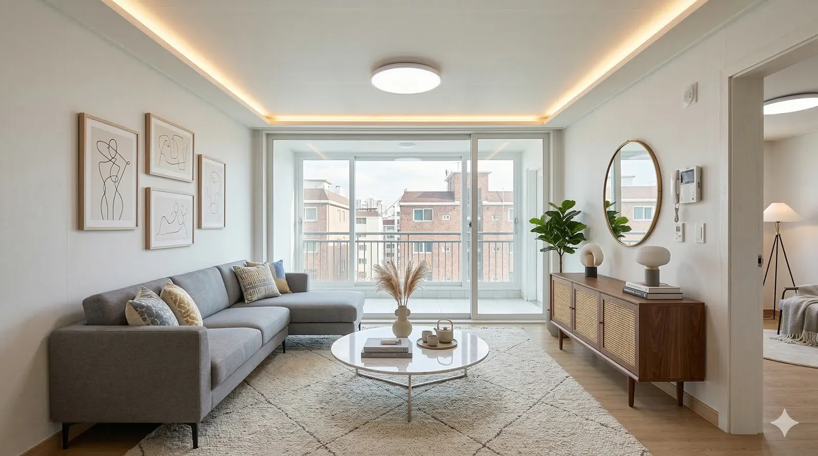 스테이징 후: 밝은 조명과 모던 가구가 배치된 거실